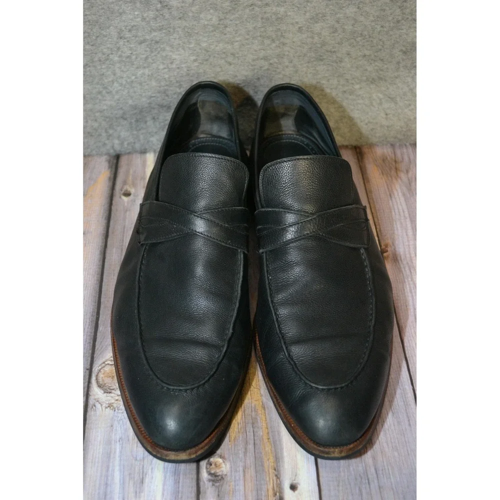 Di Bianco Shoes Mens 10 Black‎ Leather Slip On Dress Rubber Sole Loafers - Italy